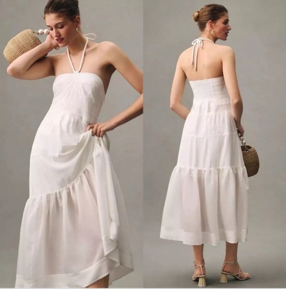 Mare Mare Anthropologie White Cotton Tiered Maxi Halter Neck Dress Size Small - Picture 1 of 7